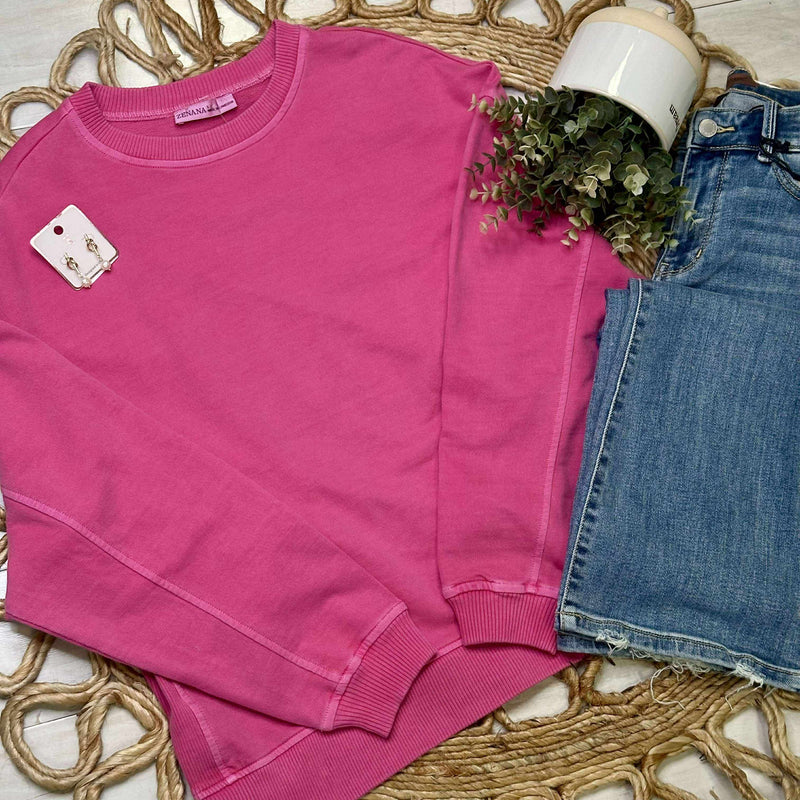 Women’s Basic Zenana Enzyme Wash Split Side Oversized Pullover Sweater  Hott Pink