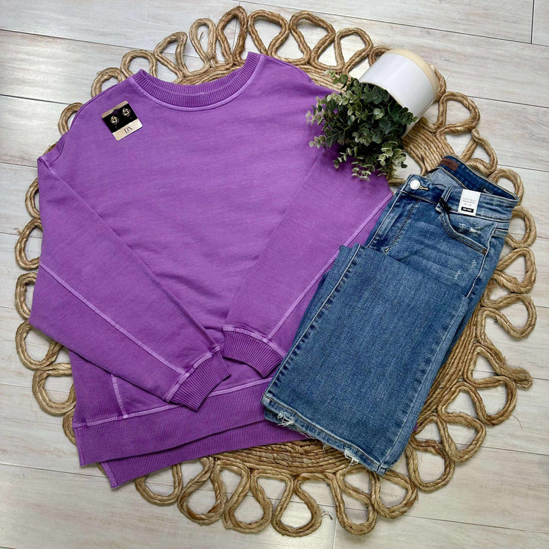 Women’s Basic Zenana Enzyme Wash Split Side Oversized Pullover Sweater Plum