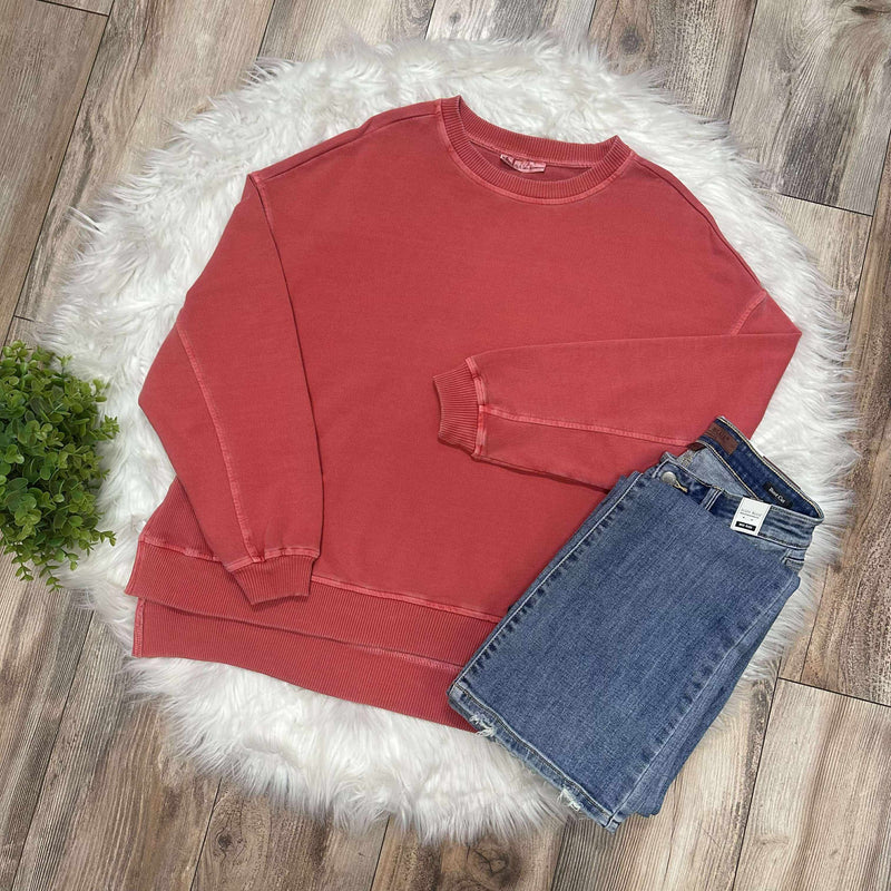 Women’s Basic Zenana Enzyme Wash Split Side Oversized Pullover Red Sweater