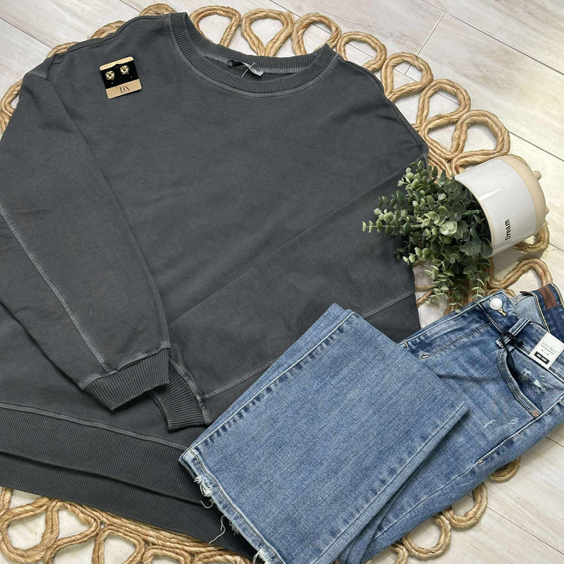 Women’s Zenana Enzyme Wash Split Side Oversized Pullover Sleet Black