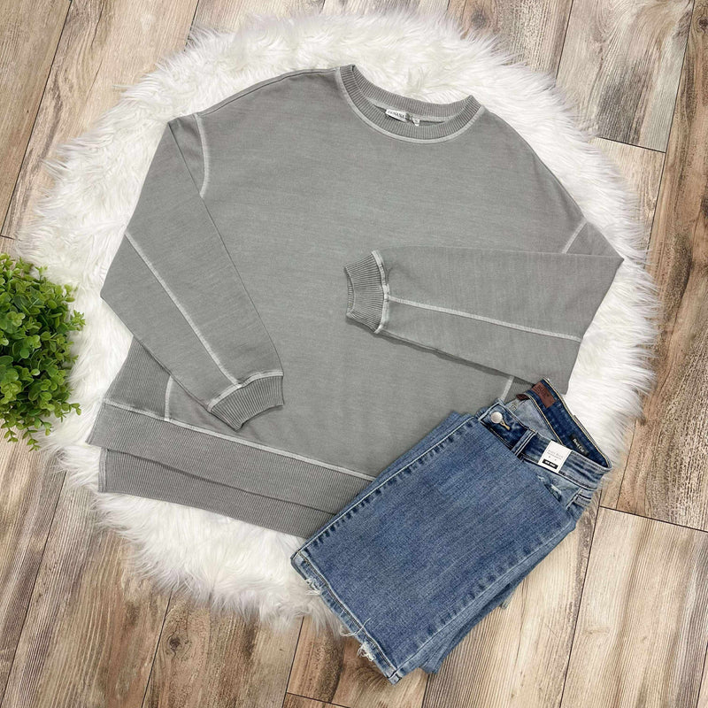 Women’s Basic Zenana Enzyme Wash Split Side Oversized Pullover Sleet Grey Sweater