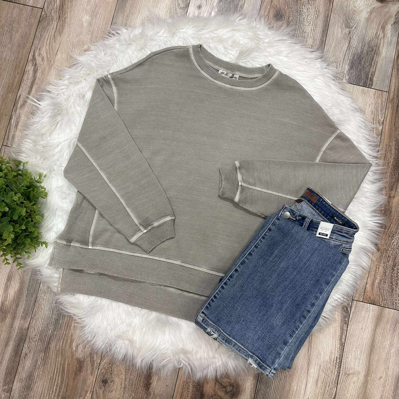 Women’s Basic Zenana Enzyme Wash Split Side Oversized Pullover Sweater Ash Mocha