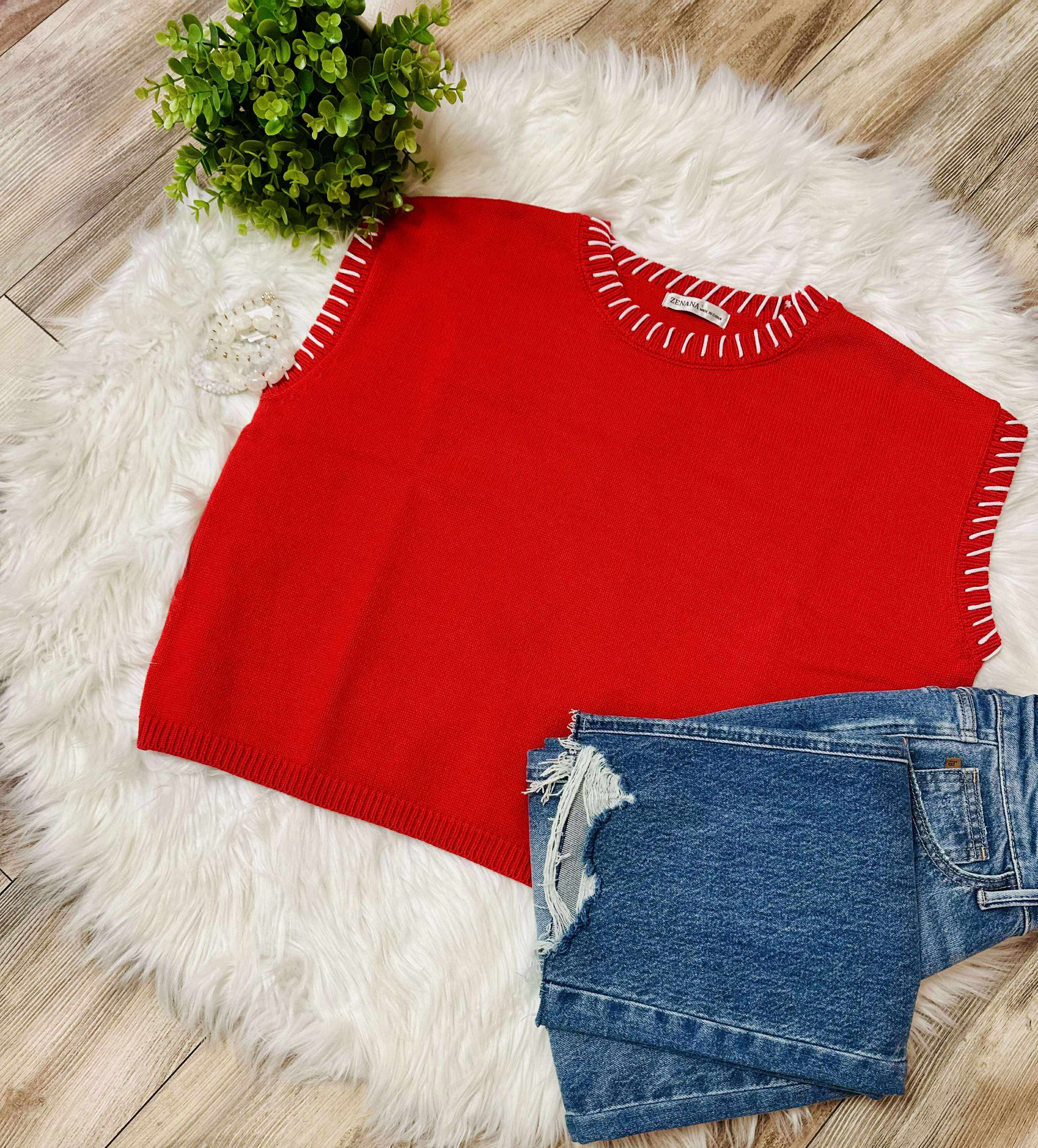 Women’s Zenana Red Stitched Trim Sweater Vest