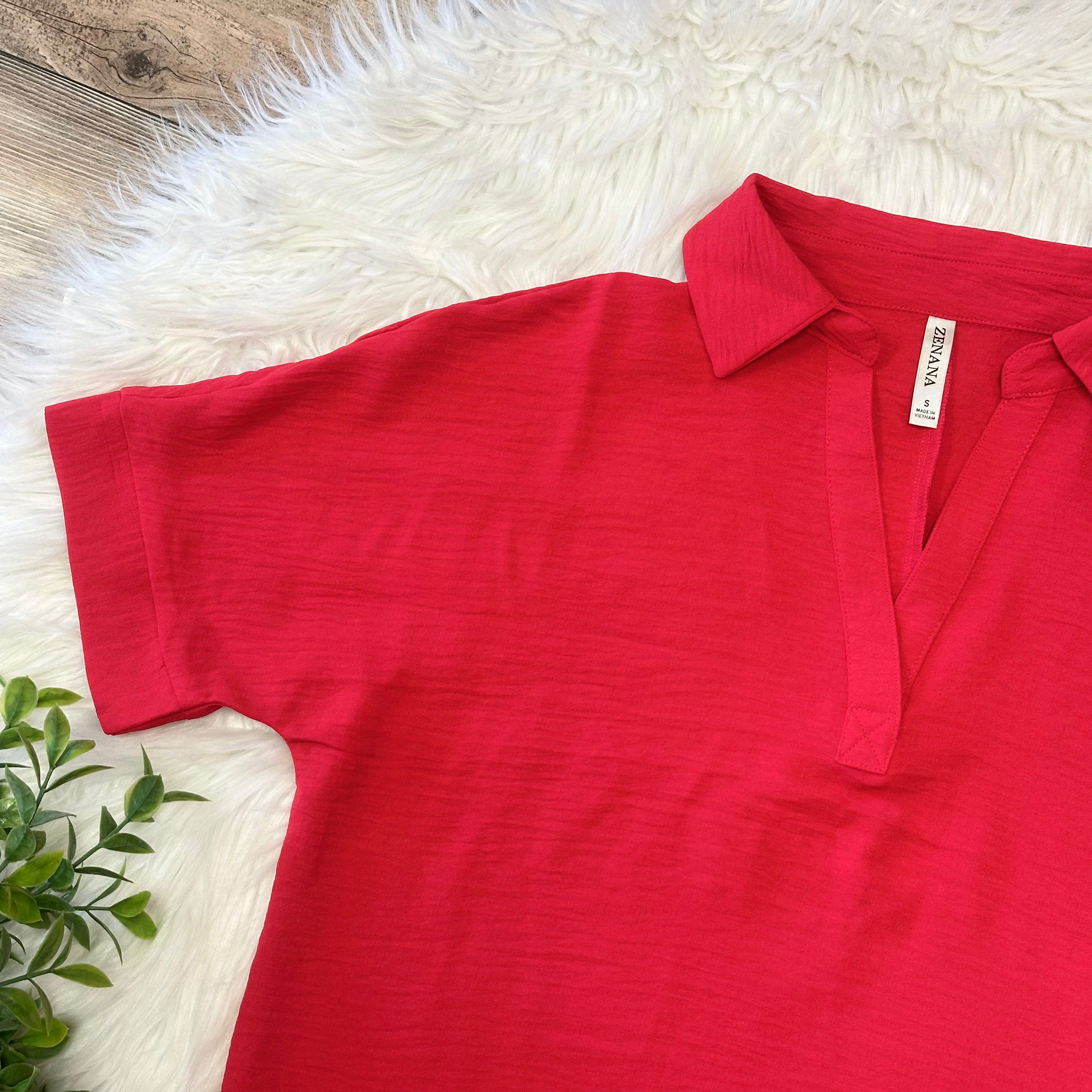 Women’s Zenana Red V Neck Collared Top