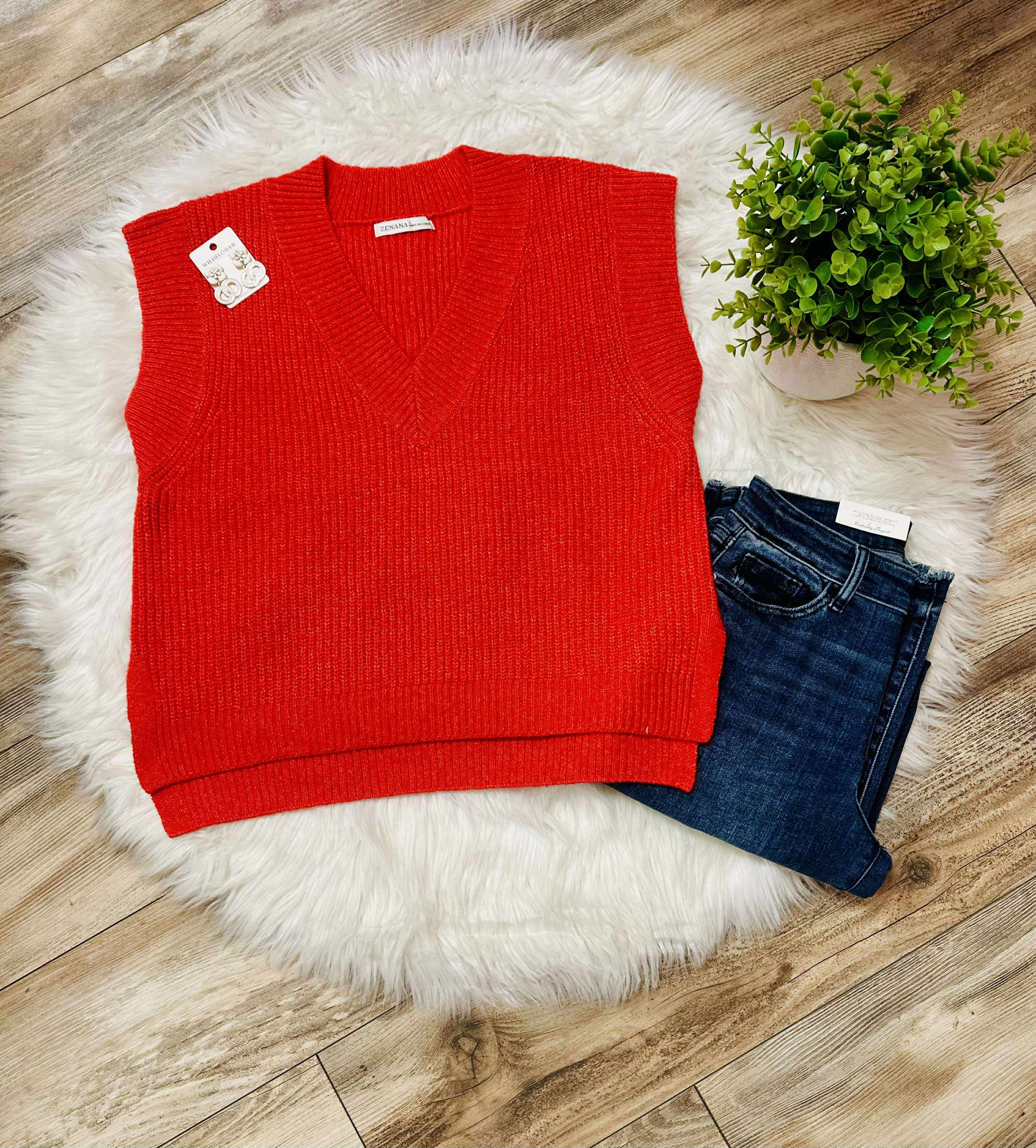 Women’s Zenana Red V-Neck Sweater Vest with Side Slit