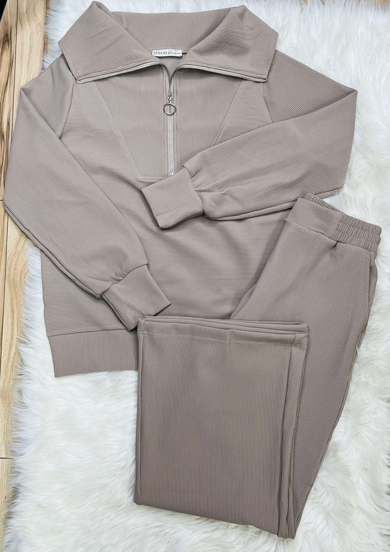 Women’s Zenana Ribbed High Neck Half Zip Pants Set Ash Mocha