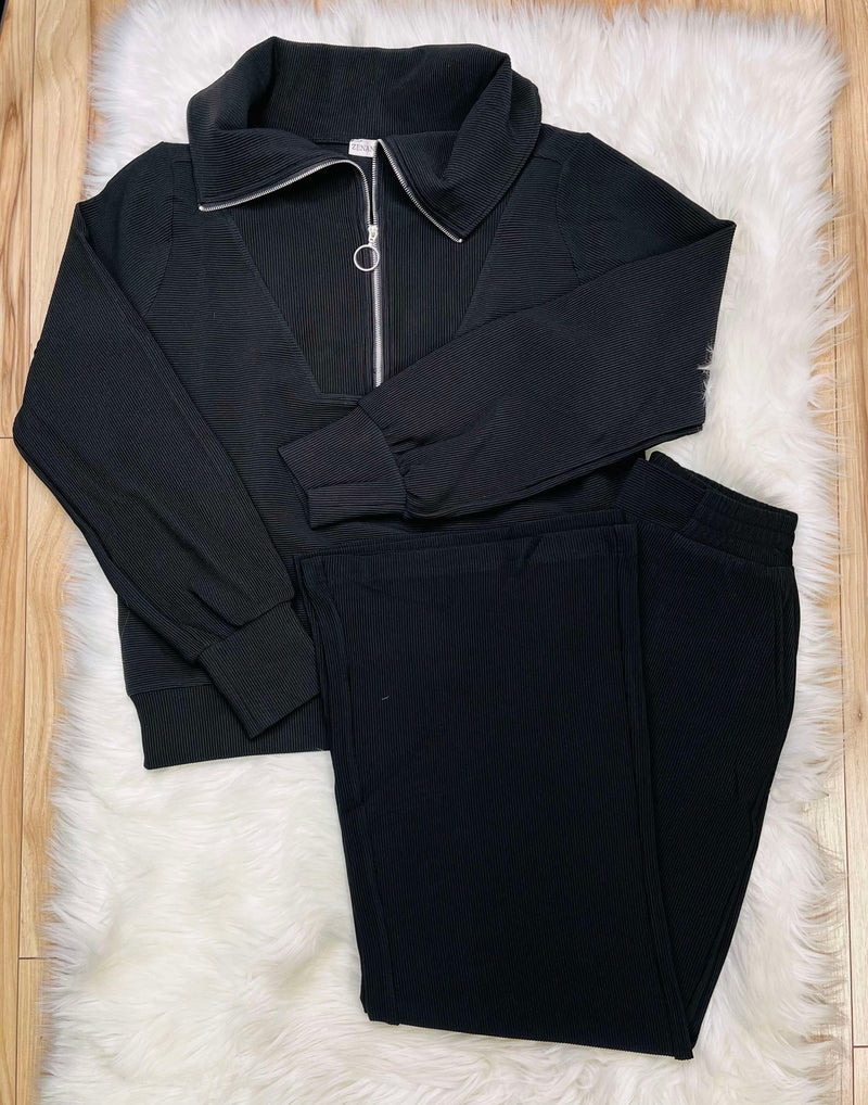 Women’s Zenana Ribbed High Neck Half Zip Pants Set Black