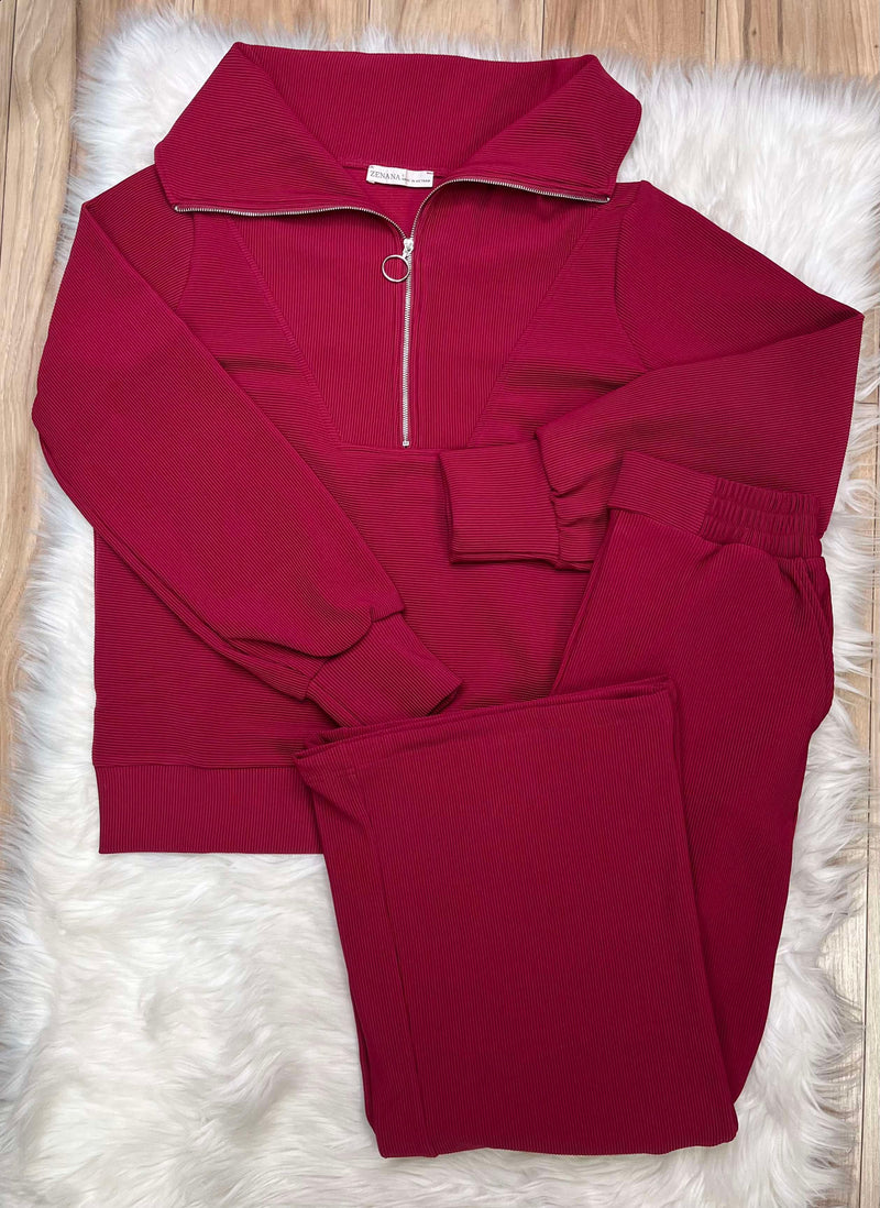 Women’s Zenana Ribbed High Neck Half Zip Pants Set Burgundy