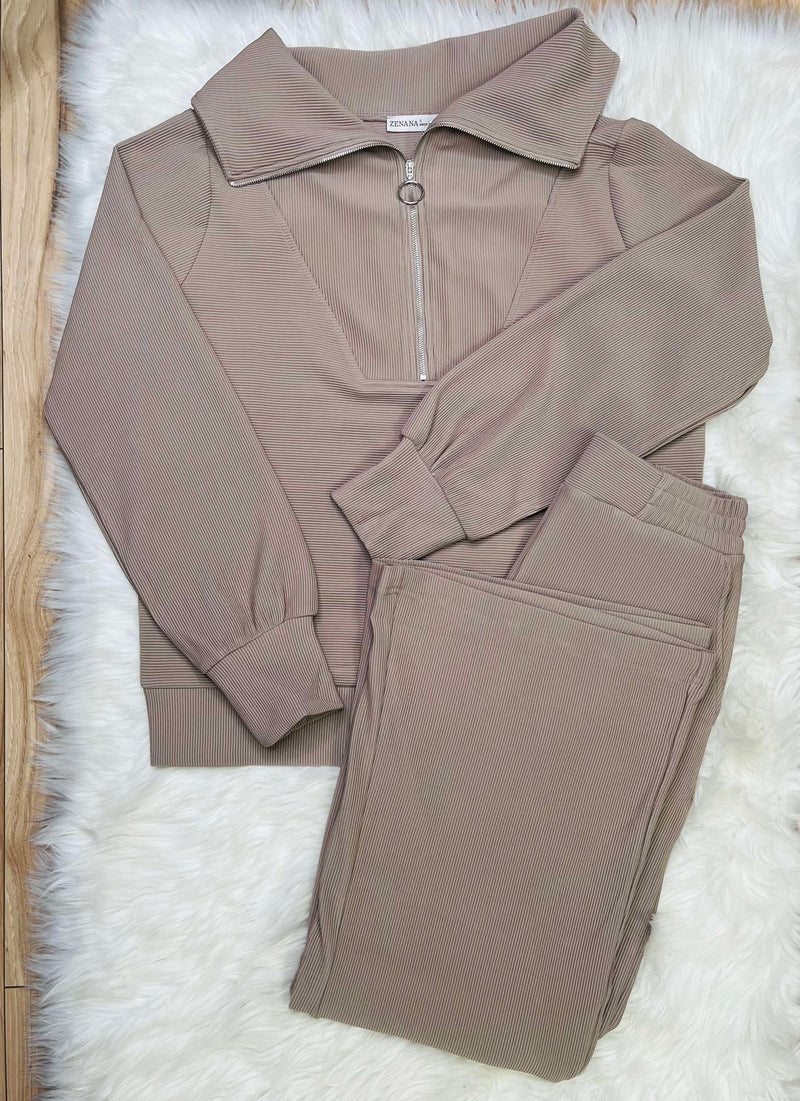Women’s Zenana Ribbed High Neck Half Zip Pants Set Coco