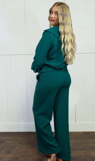Women’s Zenana Ribbed High Neck Half Zip Pants Set Hunter Green
