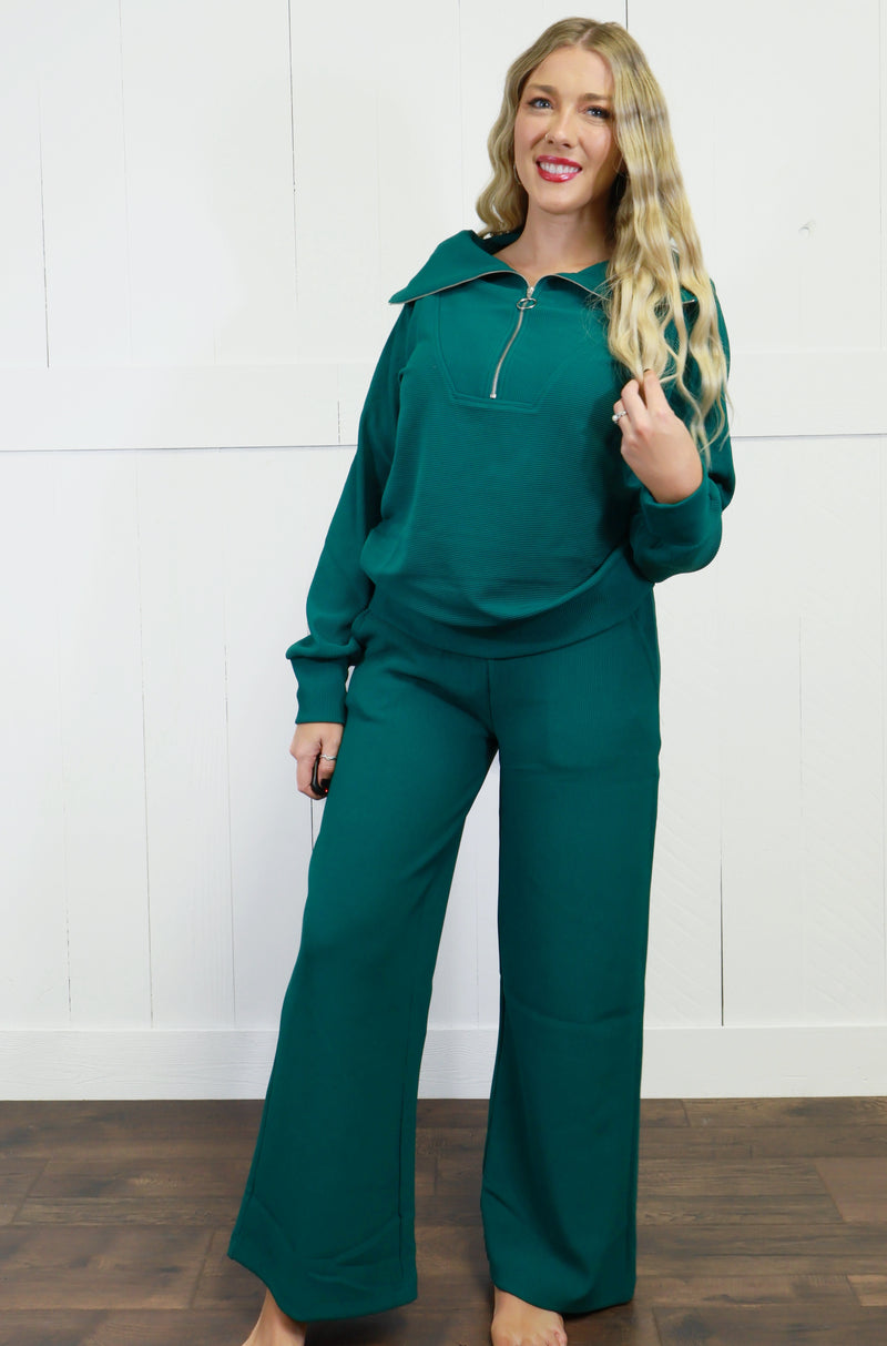 Women’s Zenana Ribbed High Neck Half Zip Pants Set Hunter Green