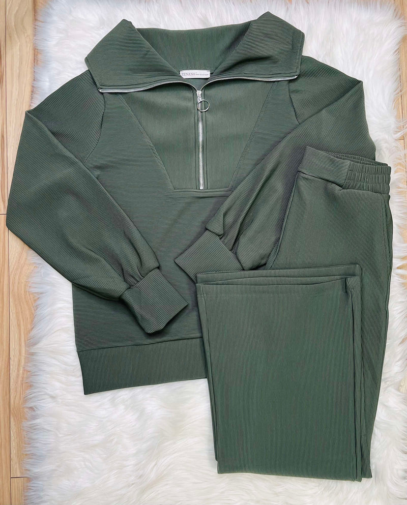Women’s Zenana Ribbed High Neck Half Zip Pants Set Olive