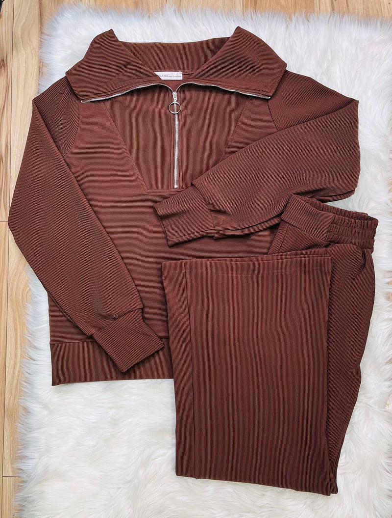 Women’s Zenana Ribbed High Neck Zipper Half Zip Pants Set Brown
