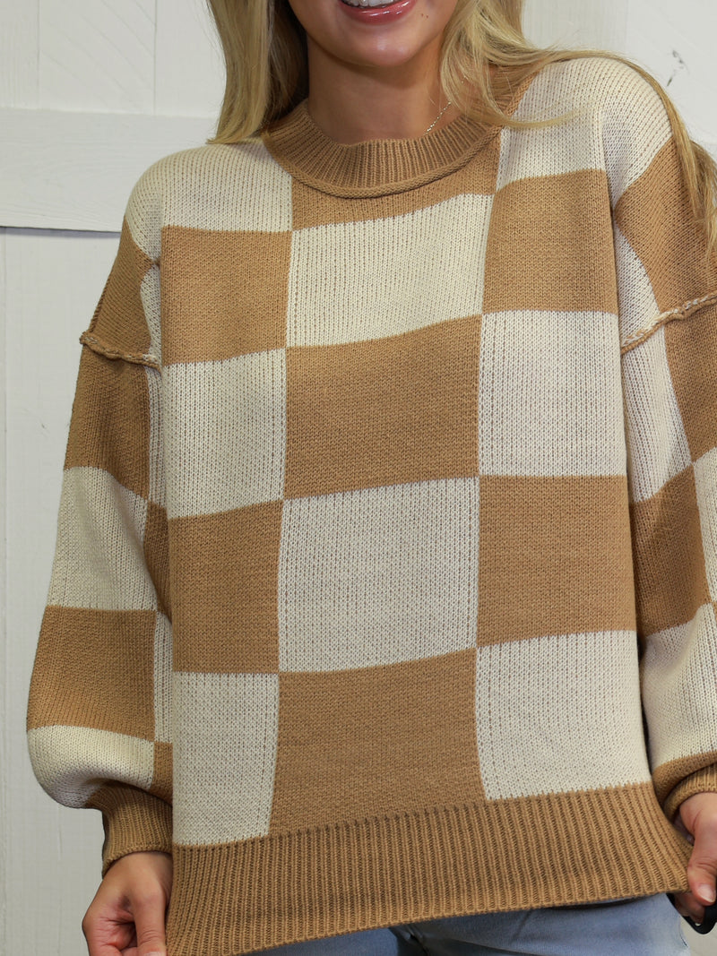 Womens Beige Checkered Sweater Pullover Top