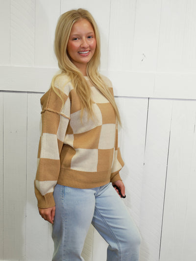 Womens Beige Checkered Sweater Pullover Top