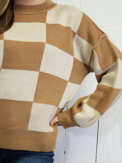 Womens Beige Checkered Sweater Pullover Top