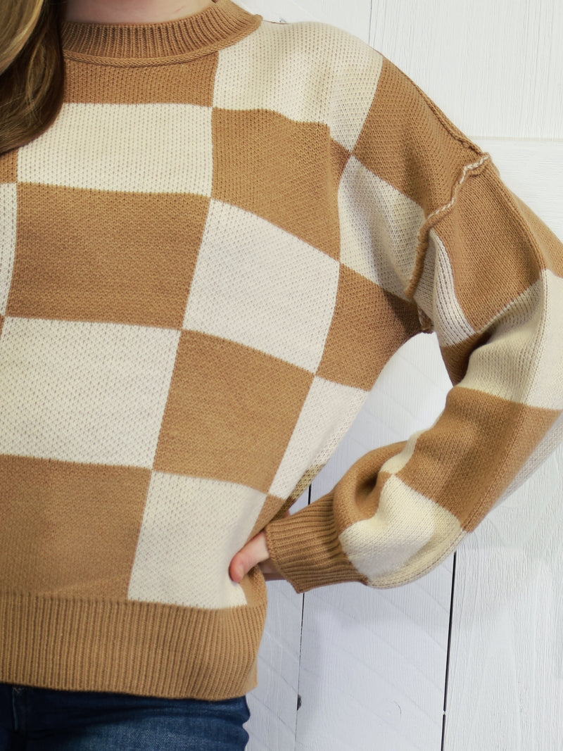 Womens Beige Checkered Sweater Pullover Top