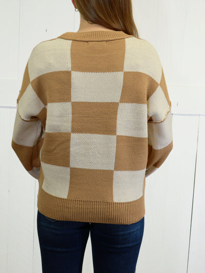Womens Beige Checkered Sweater Pullover Top