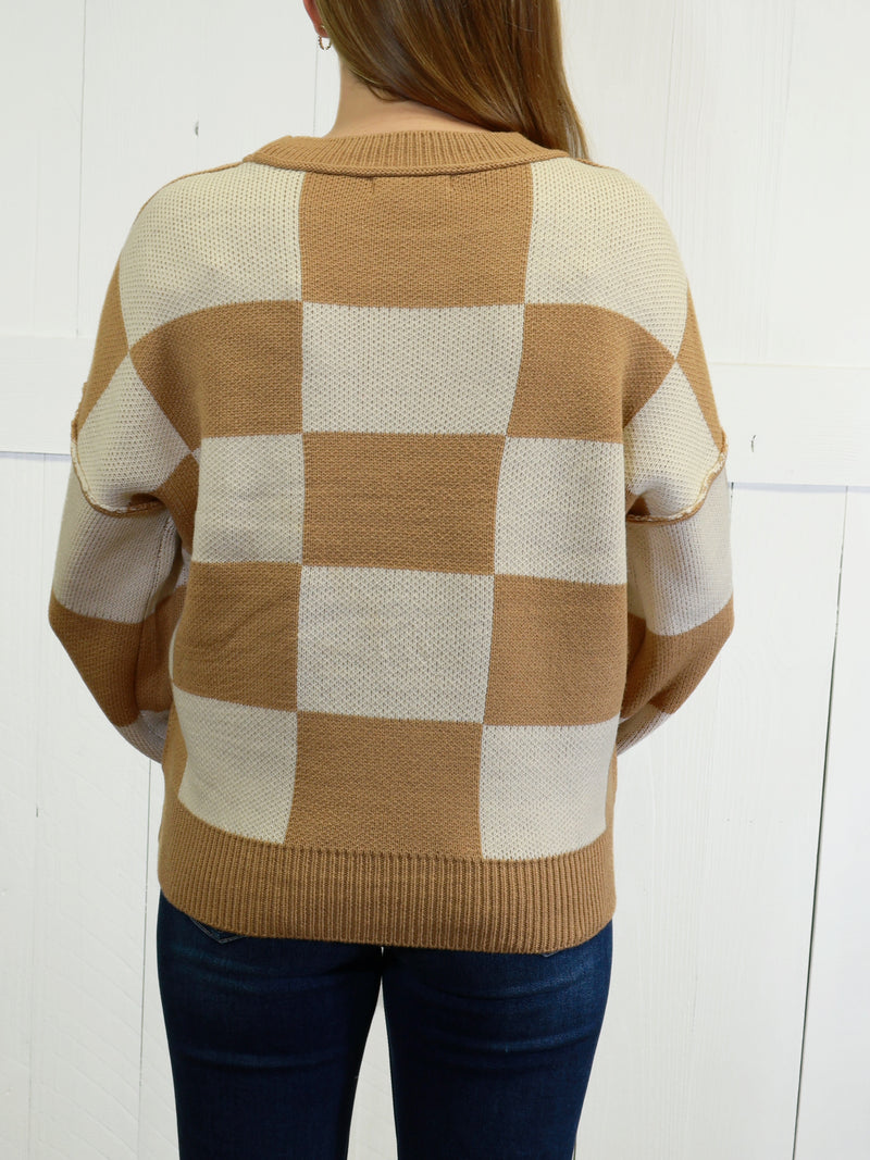 Womens Beige Checkered Sweater Pullover Top
