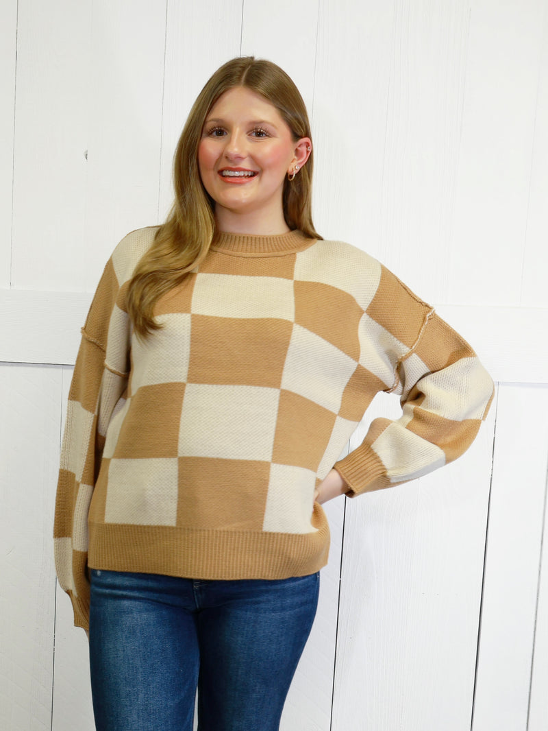 Womens Beige Checkered Sweater Pullover Top
