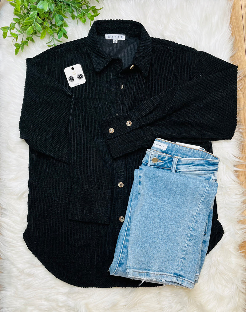 Womens Black Button Up Shacket Top Sweater Jacket