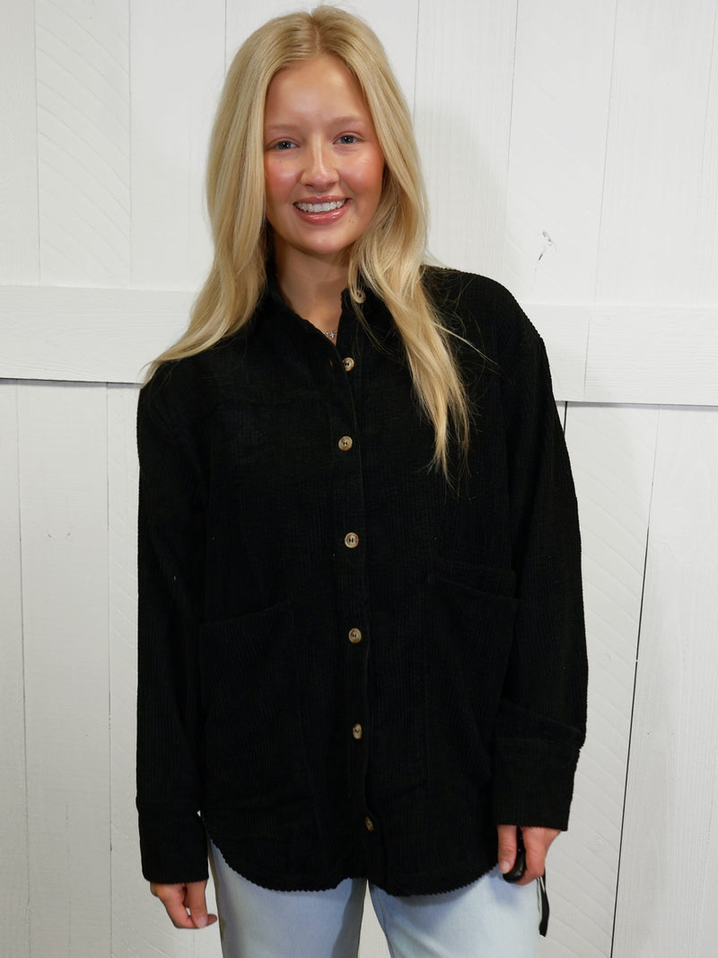 Womens Black Button Up Shacket Top Sweater Jacket