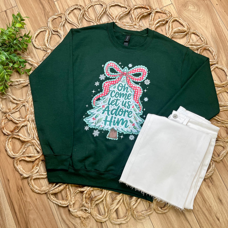 Womens Come Let Us Adore Him Christmas Crewneck Graphic Sweatshirt