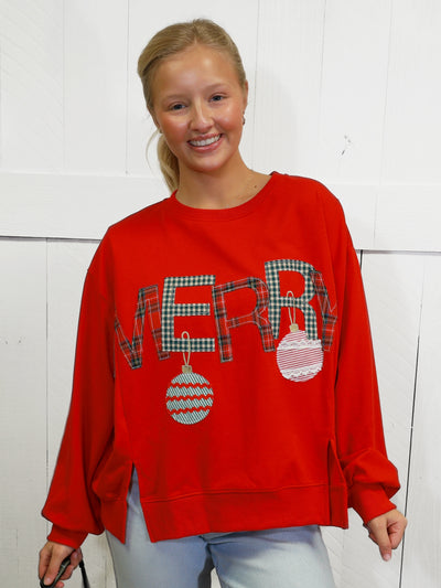 Womens Merry With Ornament Patchwork Oversized Sweater Top