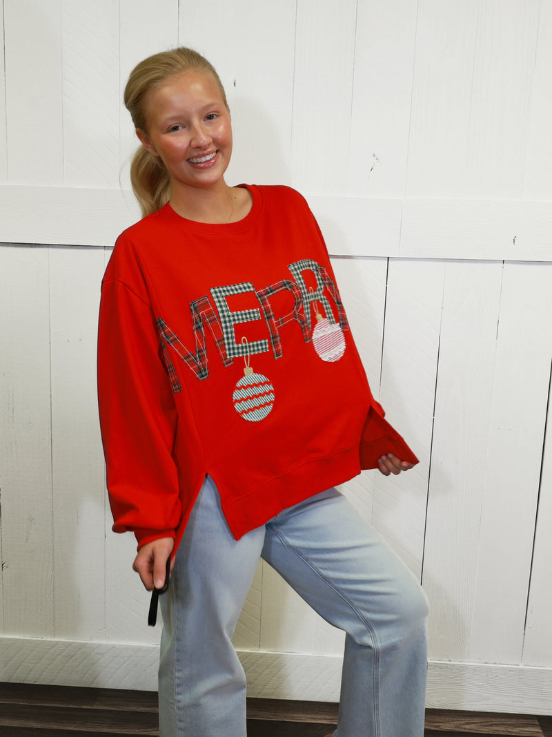 Womens Merry With Ornament Patchwork Oversized Sweater Top