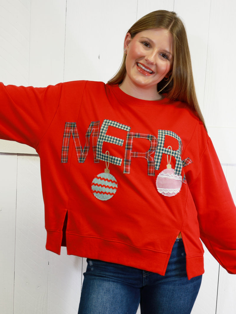 Womens Merry With Ornament Patchwork Oversized Sweater Top