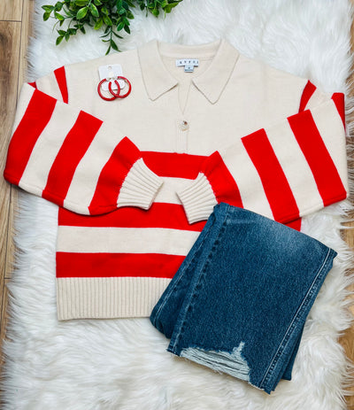 Womens Red Striped Sweater Pullover Top