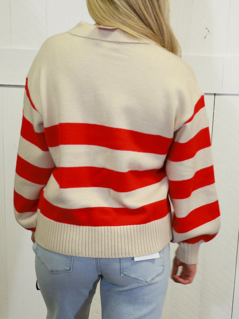 Womens Red Striped Sweater Pullover Top