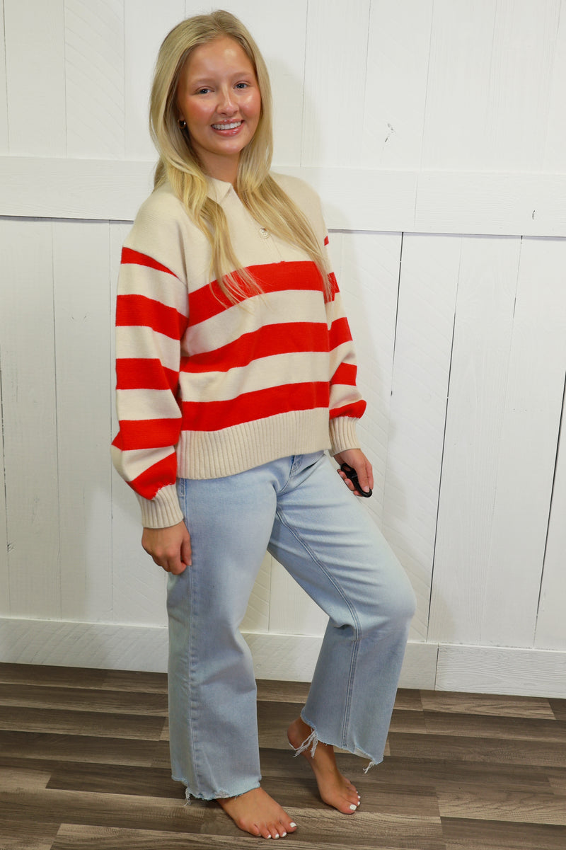 Womens Red Striped Sweater Pullover Top