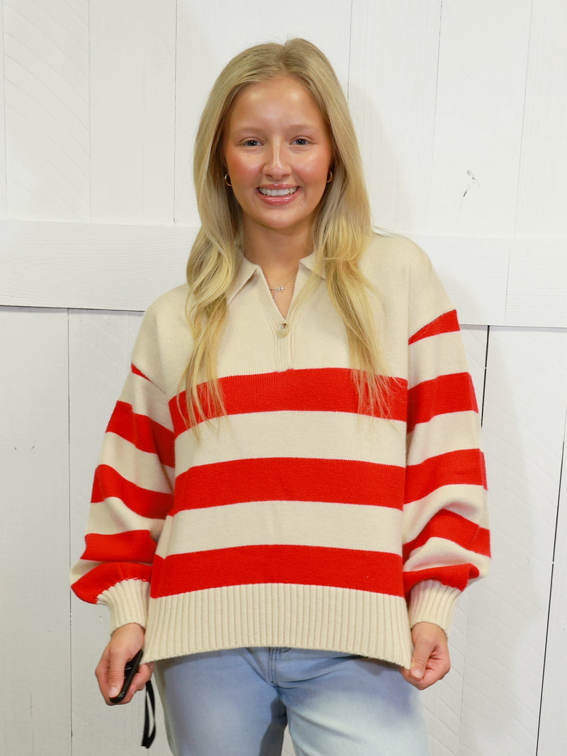 Womens Red Striped Sweater Pullover Top