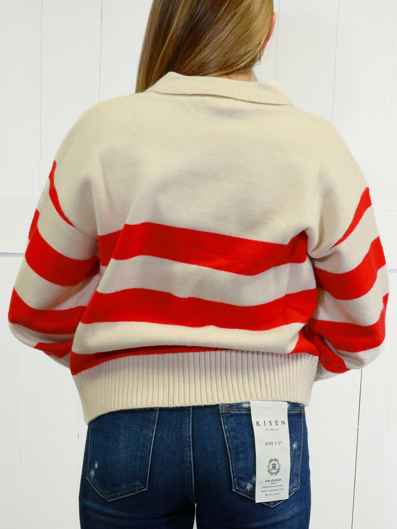Womens Red Striped Sweater Pullover Top