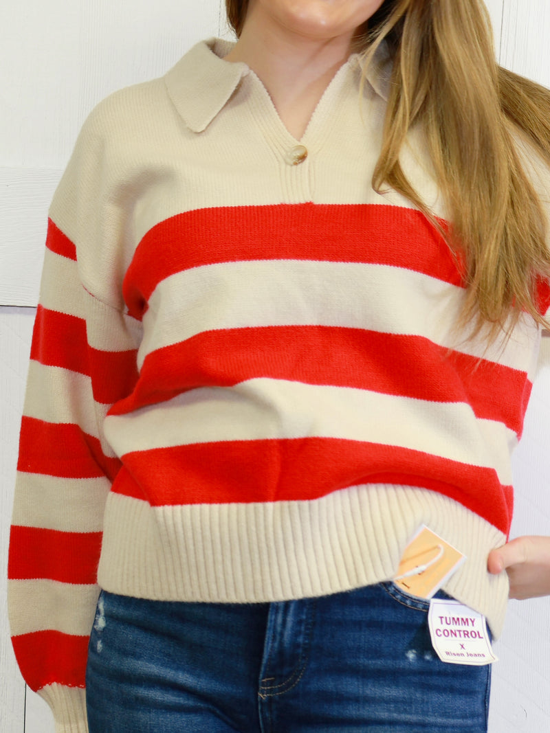 Womens Red Striped Sweater Pullover Top
