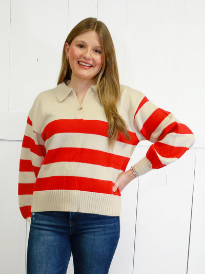 Womens Red Striped Sweater Pullover Top