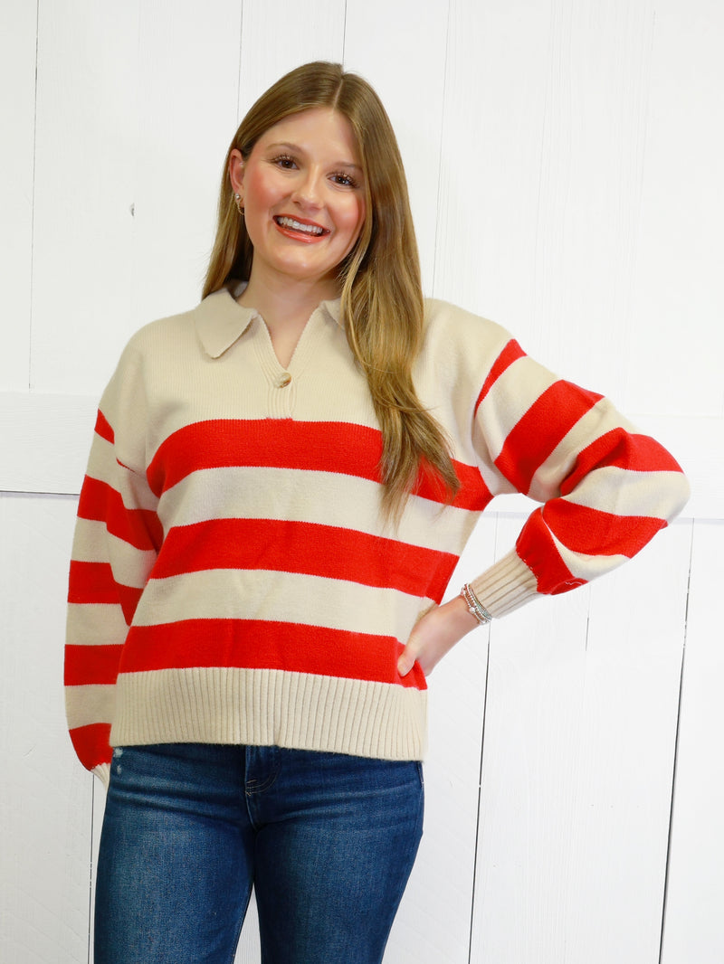 Womens Red Striped Sweater Pullover Top