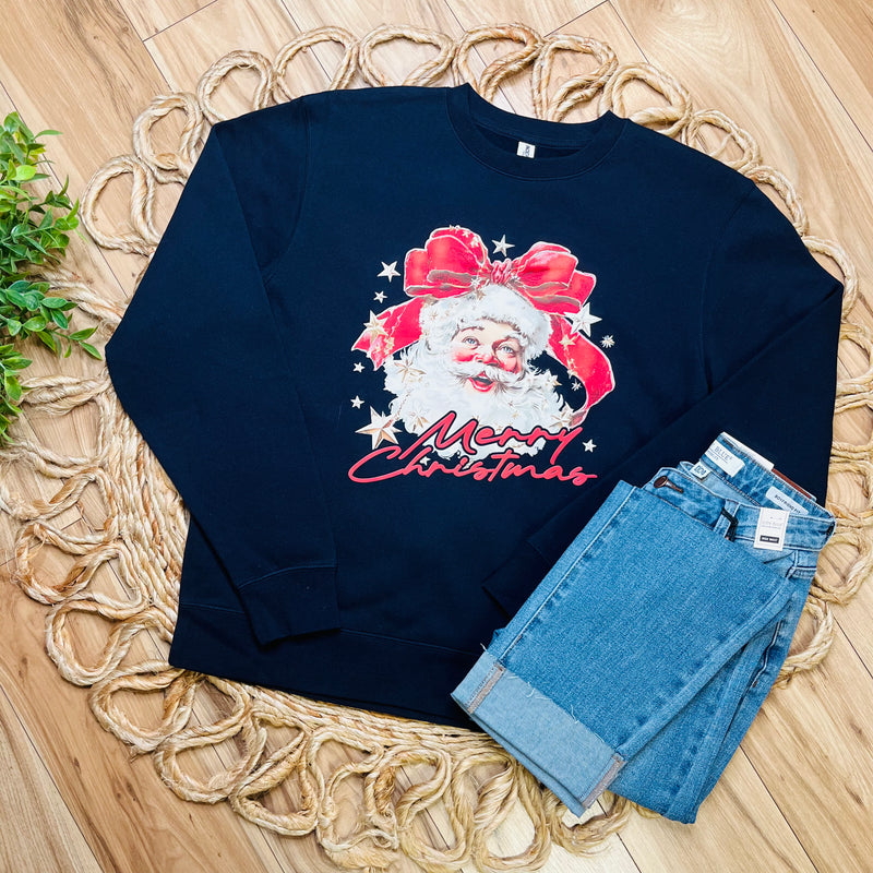 Womens Santa Navy Crewneck Graphic Sweatshirt Christmas