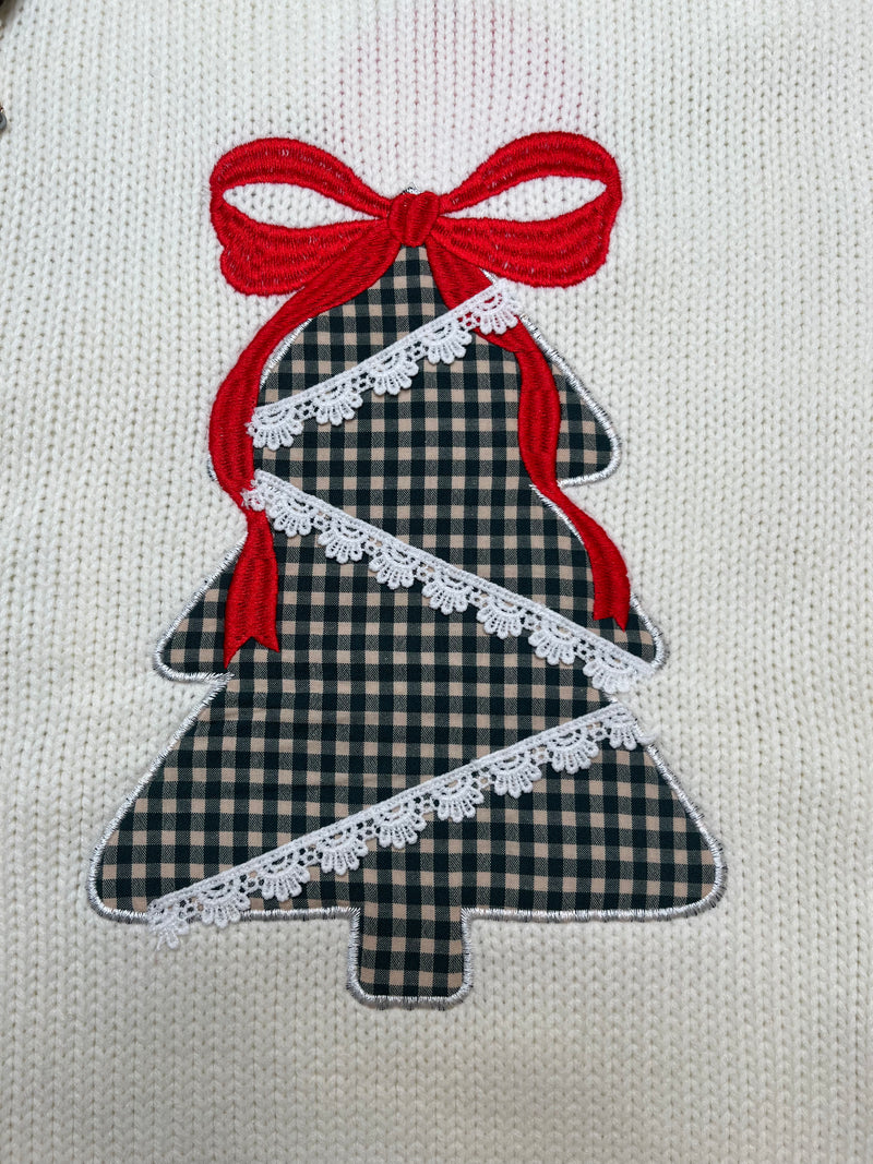 Womens White Christmas Tree Patchwork Sweater