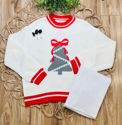 Womens White Christmas Tree Patchwork Sweater