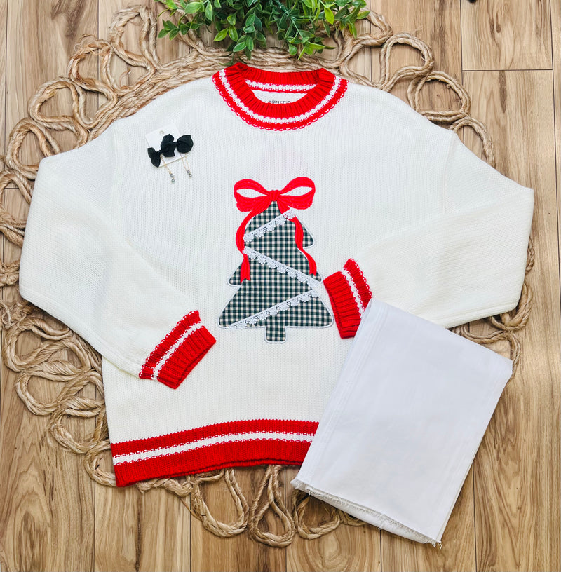 Womens White Christmas Tree Patchwork Sweater