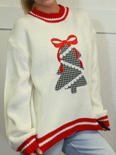 Womens White Christmas Tree Patchwork Sweater