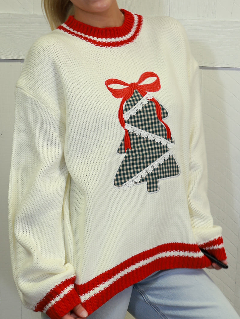 Womens White Christmas Tree Patchwork Sweater