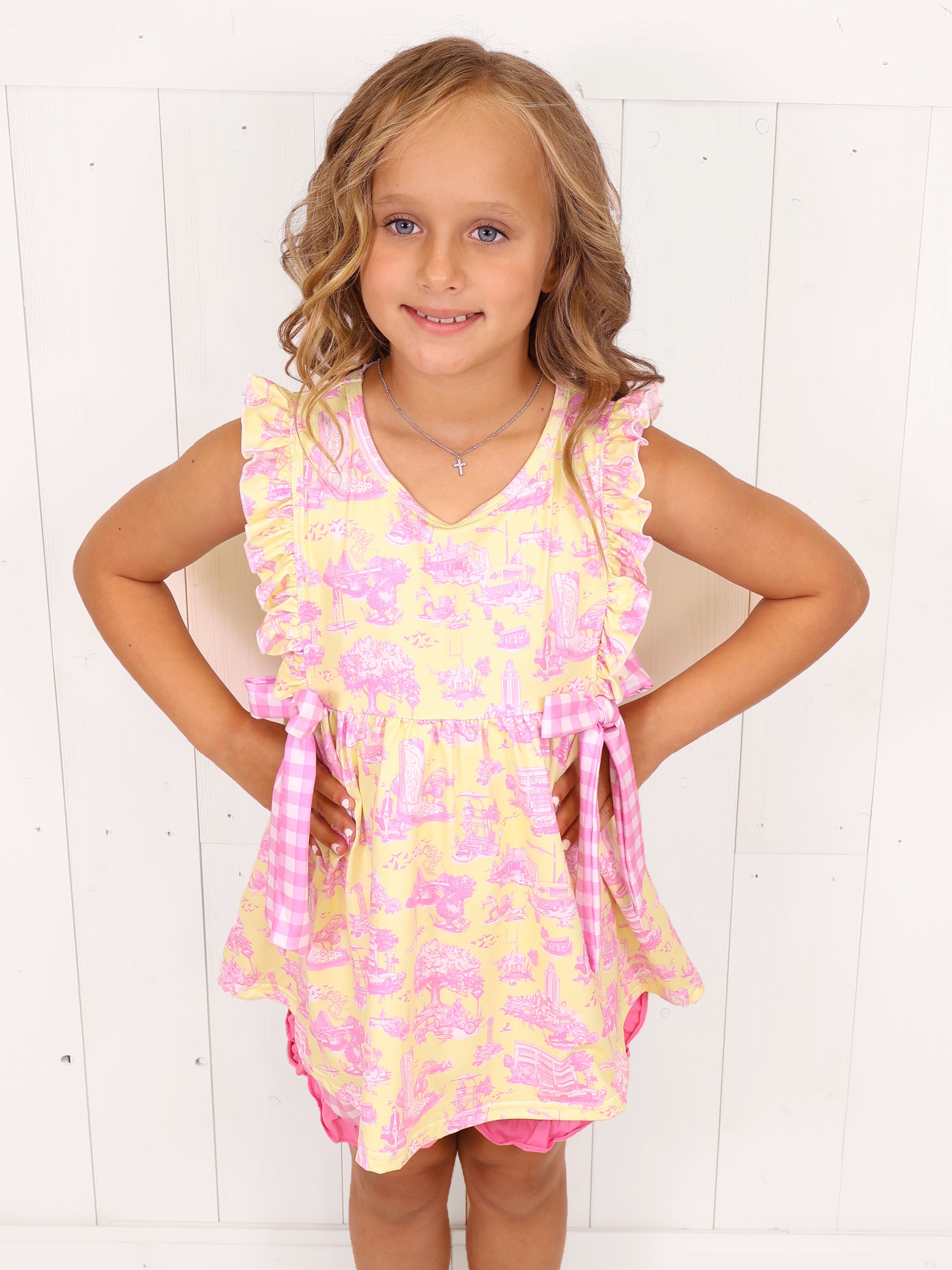 Yellow and Pink Plaid Short Outfit Set Girls