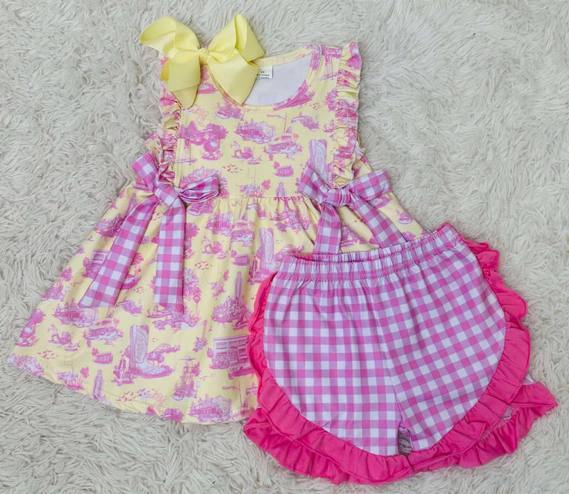 Yellow and Pink Plaid Short Set Girls