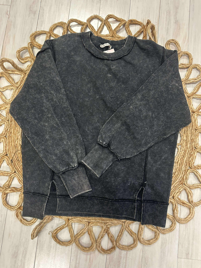 Zenana Basic Acid Wash Exposed Seam Pullover Sweater Ash Black