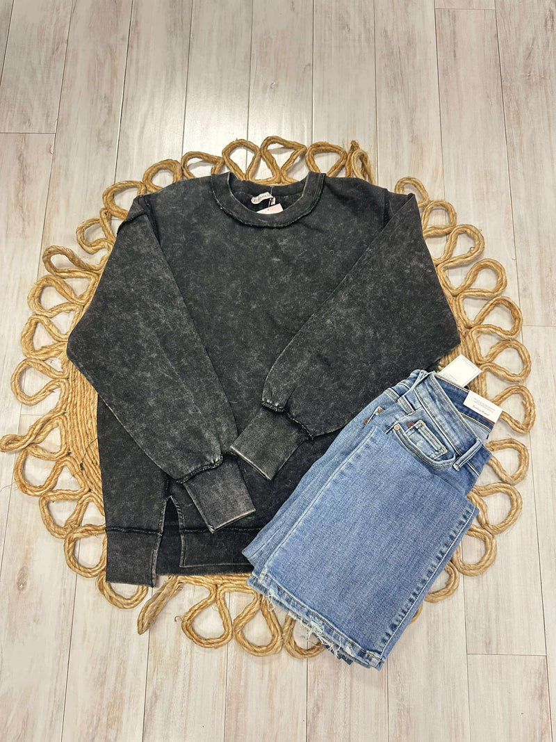 Zenana Basic Acid Wash Exposed Seam Pullover Sweater Ash Black