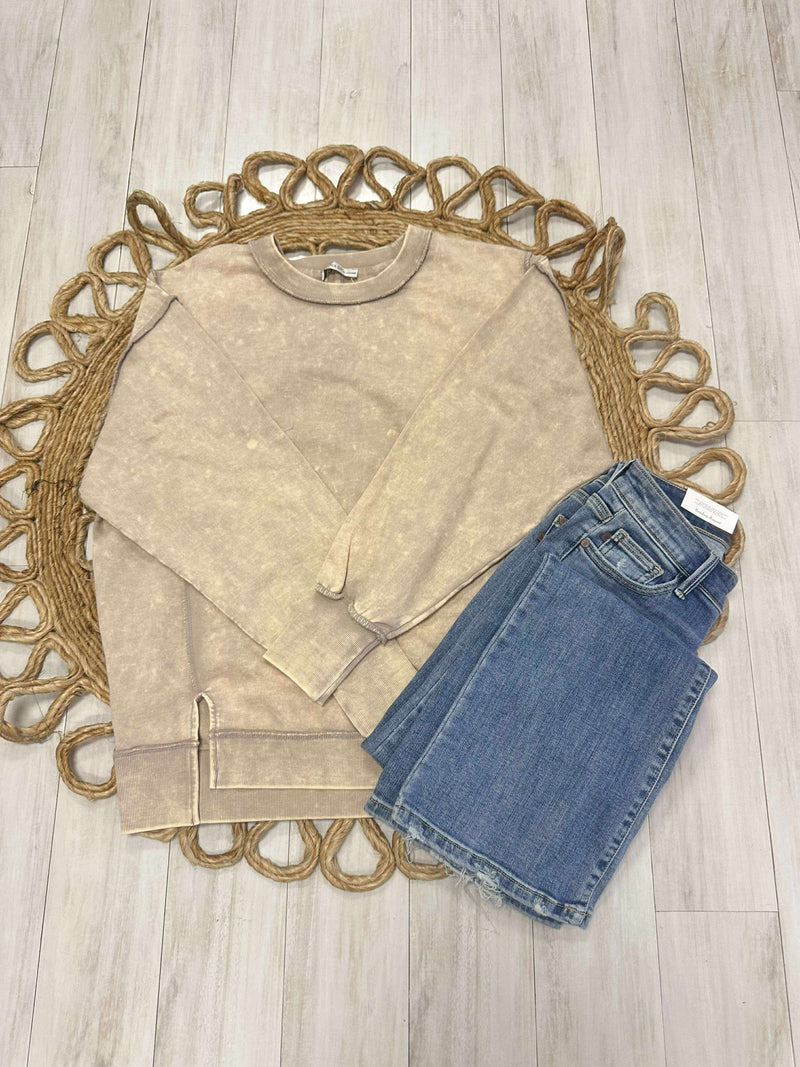 Zenana Basic Acid Wash Exposed Seam Pullover Sweater Ash Mocha