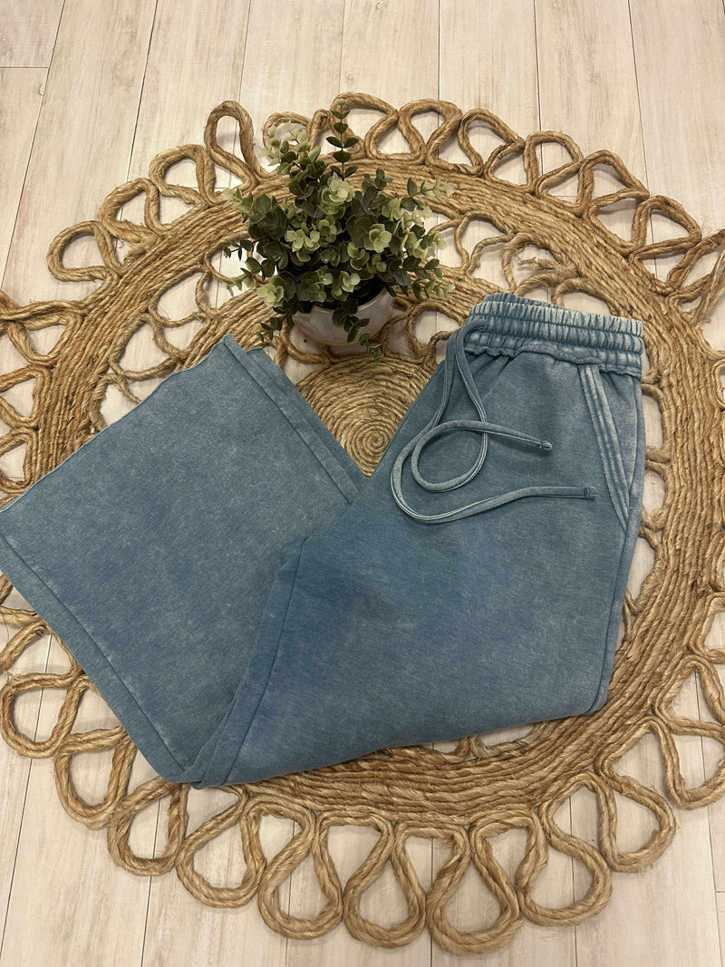 Zenana Acid Wash Fleece Drawstring Pants Blue Grey